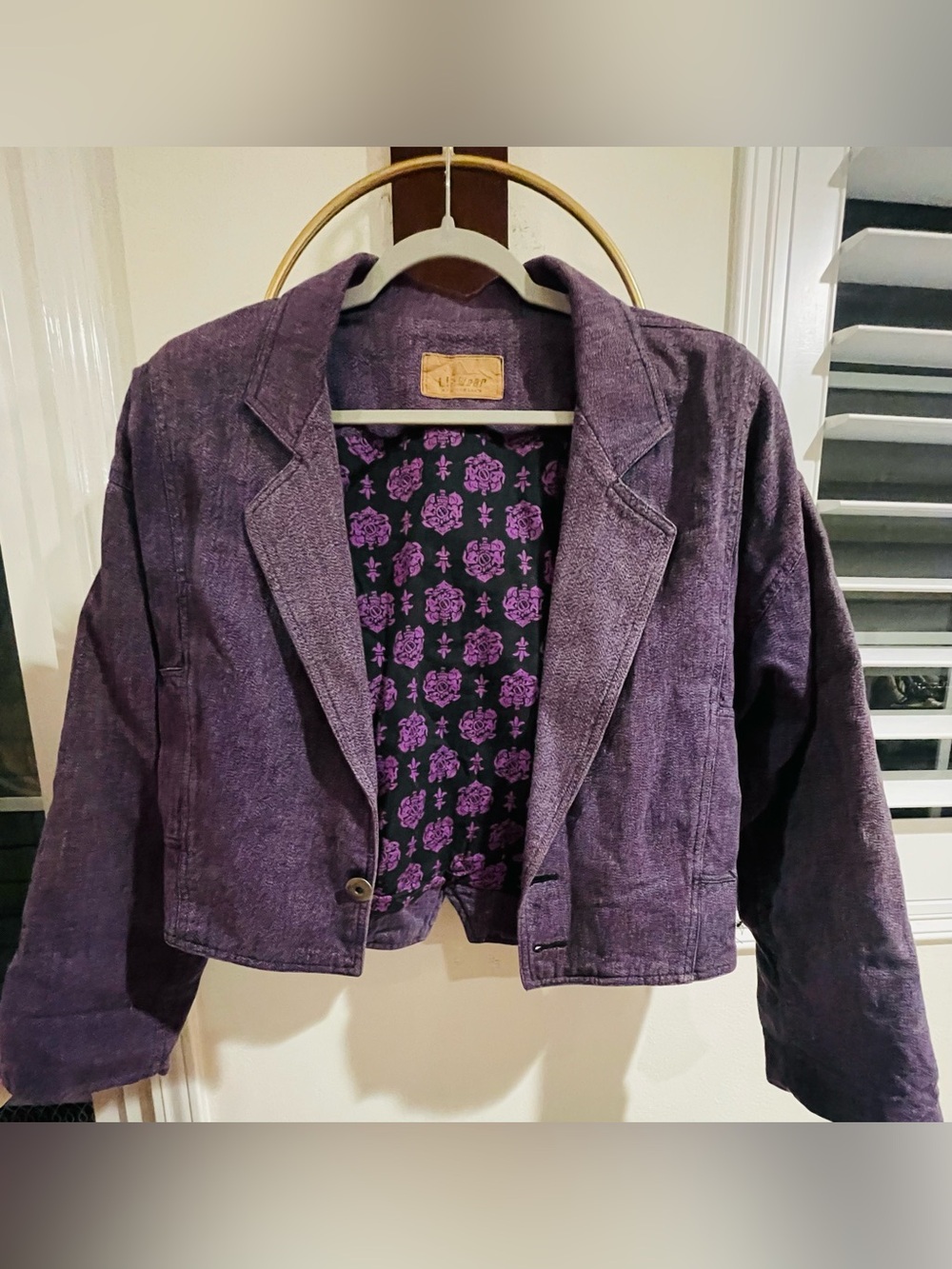 Women's Purple Cropped Blazer Jacket with Patterned Lining